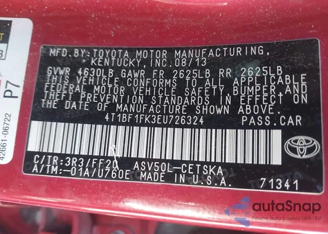2014 Toyota Camry Se from USA, damaged, VIN 4T1BF1FK3EU726324